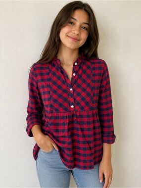 Vineyard Vines Girls XL 16 Red Blue Plaid Cotton Peplum Top Long Sleeve